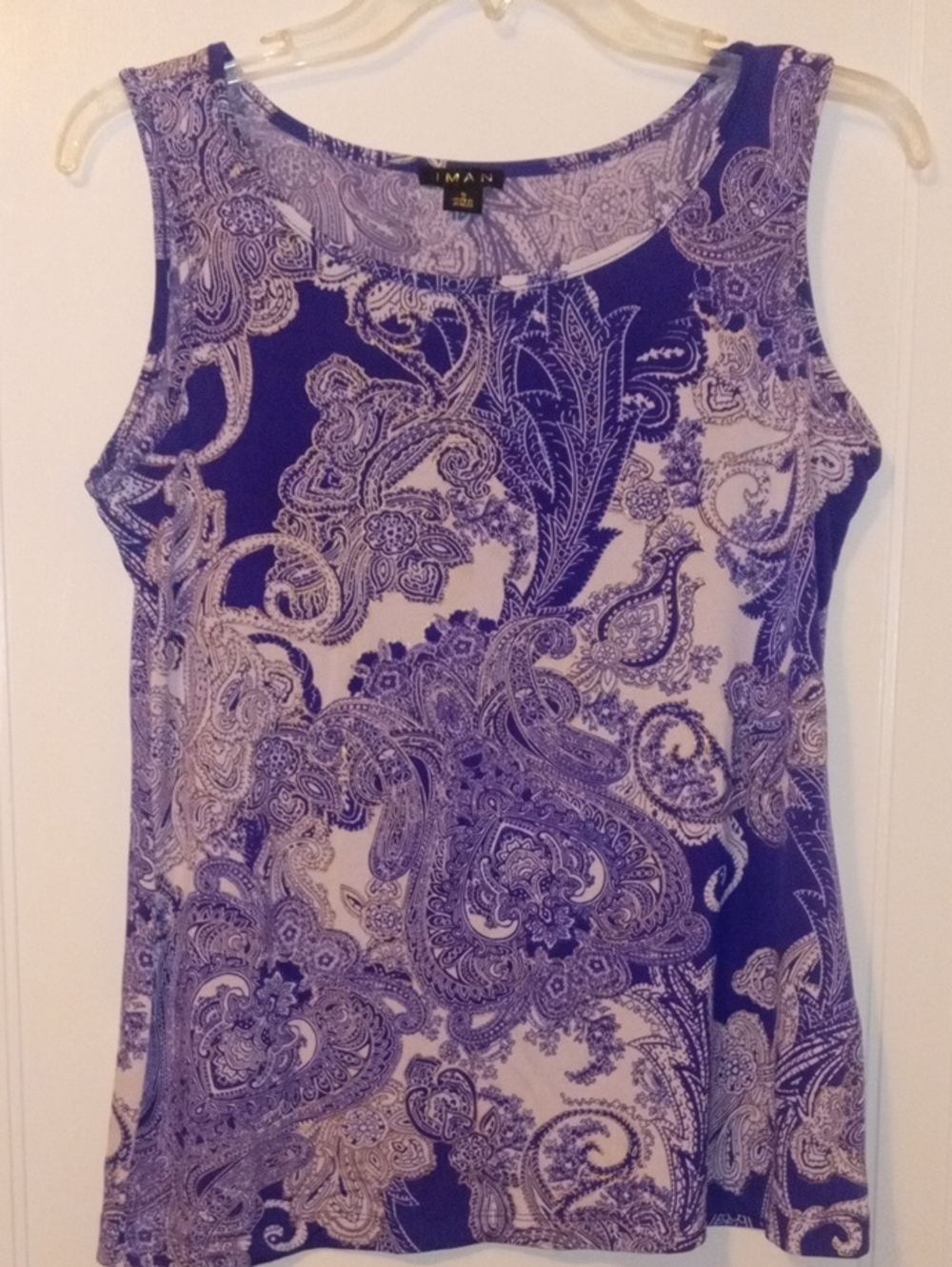 women sleeveless top purple white with gold accent, small